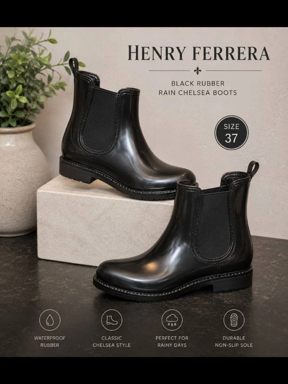 HENRY FERRERA 37  Black Rubber Rain Chelsea Boots